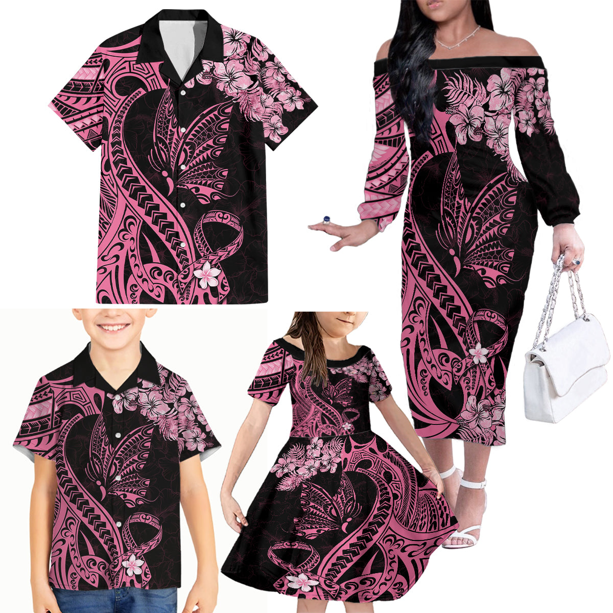 Polynesian Floral Butterfly Family Matching Off Shoulder Long Sleeve Dress and Hawaiian Shirt Breast Cancer Pink Ribbon LT9 - Polynesian Pride