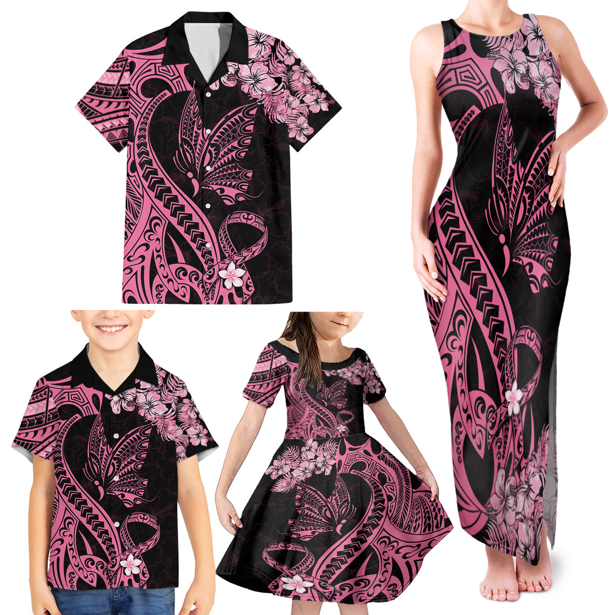 Polynesian Floral Butterfly Family Matching Tank Maxi Dress and Hawaiian Shirt Breast Cancer Pink Ribbon LT9 - Polynesian Pride