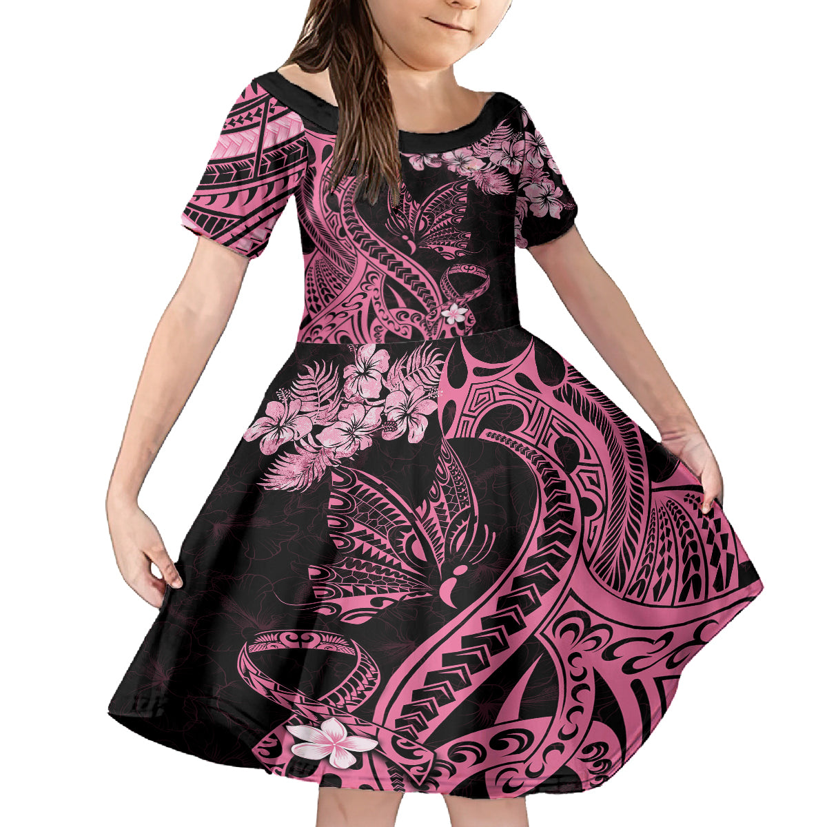 Polynesian Floral Butterfly Kid Short Sleeve Dress Breast Cancer Pink Ribbon LT9 KID Pink - Polynesian Pride