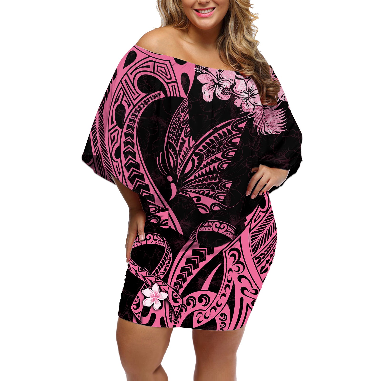 Polynesian Floral Butterfly Off Shoulder Short Dress Breast Cancer Pink Ribbon LT9 Women Pink - Polynesian Pride