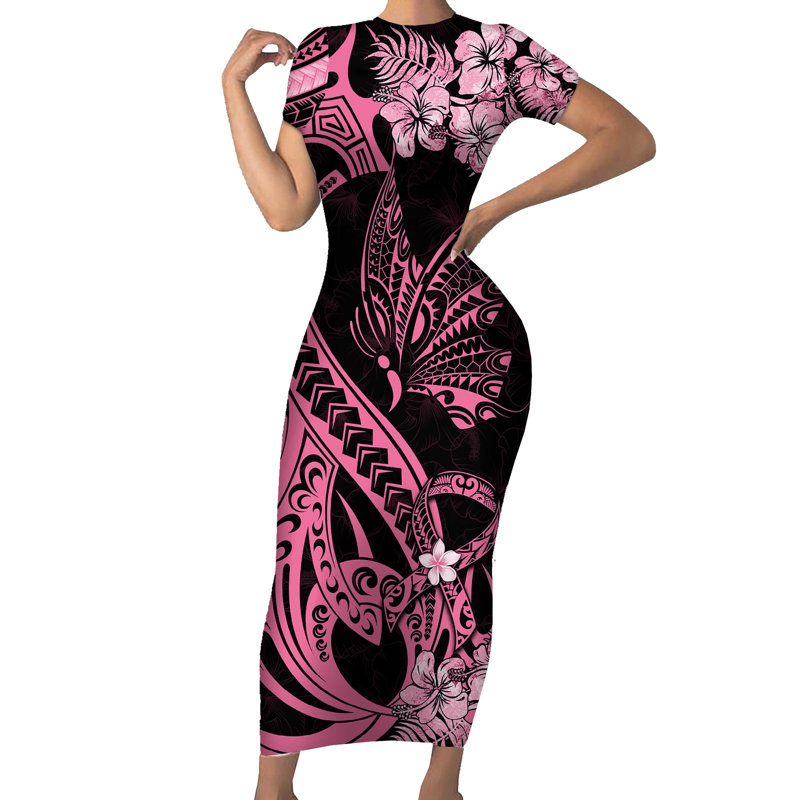 Polynesian Floral Butterfly Short Sleeve Bodycon Dress Breast Cancer Pink Ribbon LT9 Long Dress Pink - Polynesian Pride