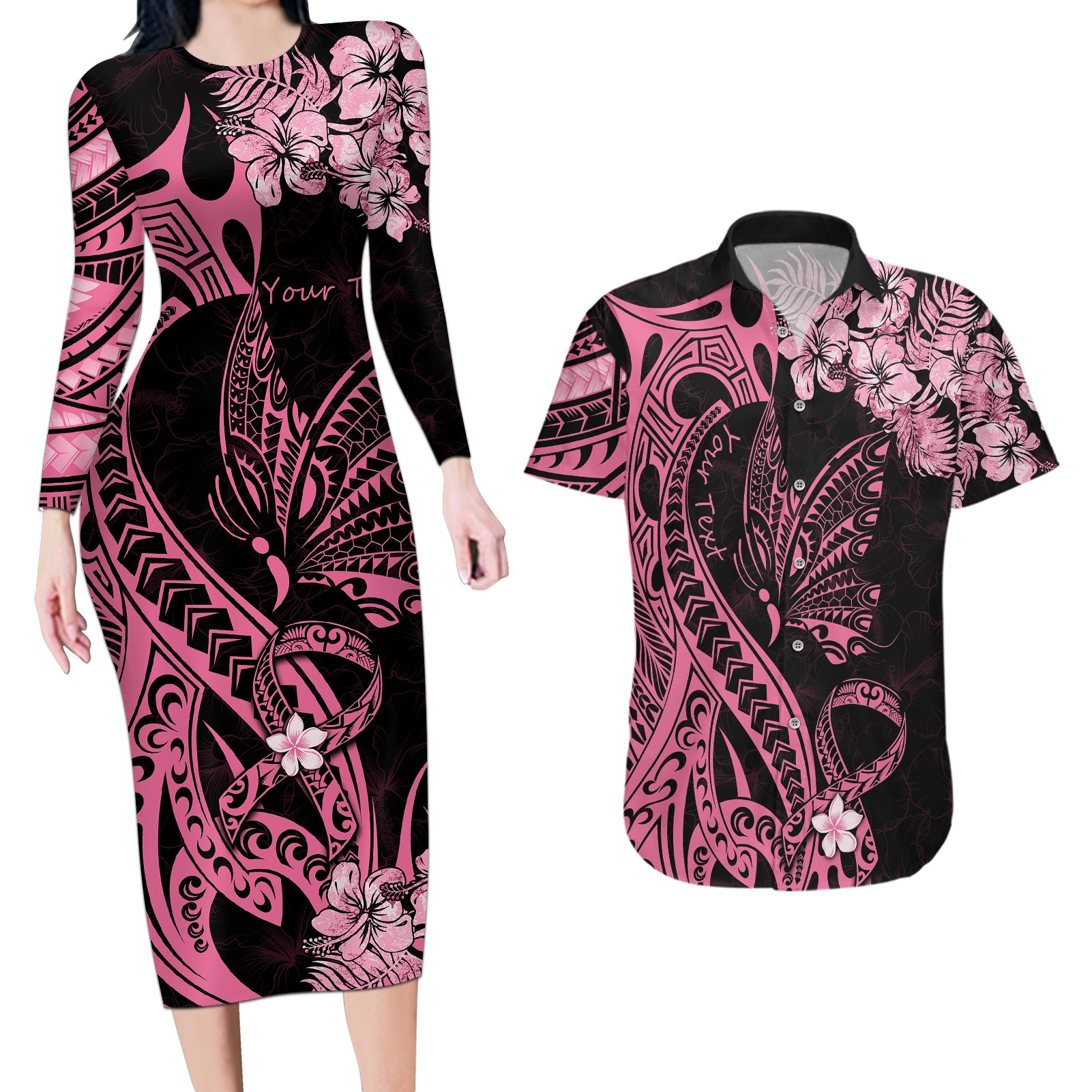 Personalised Polynesian Floral Butterfly Couples Matching Long Sleeve Bodycon Dress and Hawaiian Shirt Breast Cancer Pink Ribbon LT9 Pink - Polynesian Pride