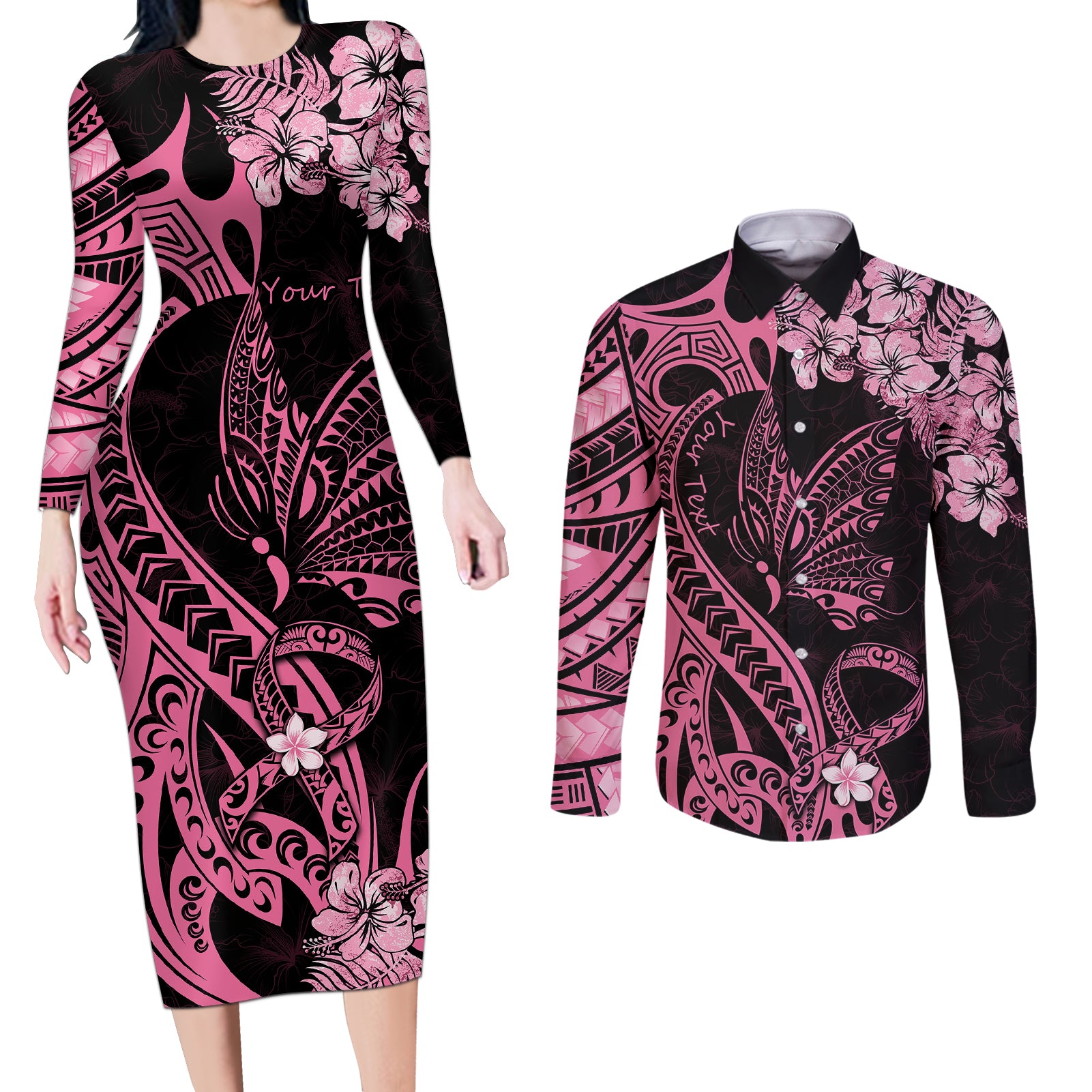 Personalised Polynesian Floral Butterfly Couples Matching Long Sleeve Bodycon Dress and Long Sleeve Button Shirts Breast Cancer Pink Ribbon LT9 Pink - Polynesian Pride