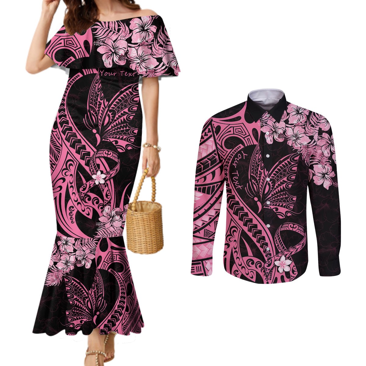 Personalised Polynesian Floral Butterfly Couples Matching Mermaid Dress and Long Sleeve Button Shirts Breast Cancer Pink Ribbon LT9 Pink - Polynesian Pride