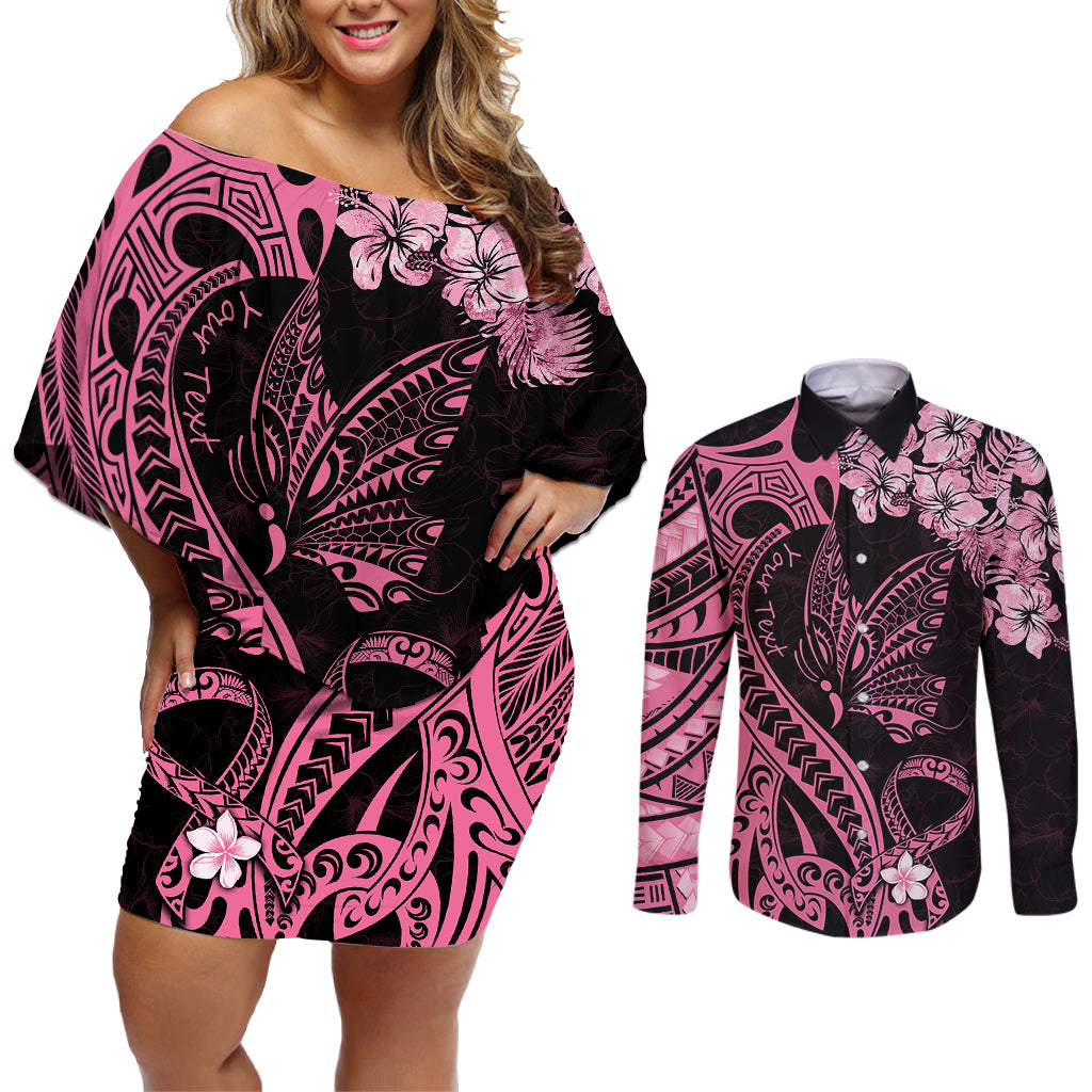 Personalised Polynesian Floral Butterfly Couples Matching Off Shoulder Short Dress and Long Sleeve Button Shirts Breast Cancer Pink Ribbon LT9 Pink - Polynesian Pride