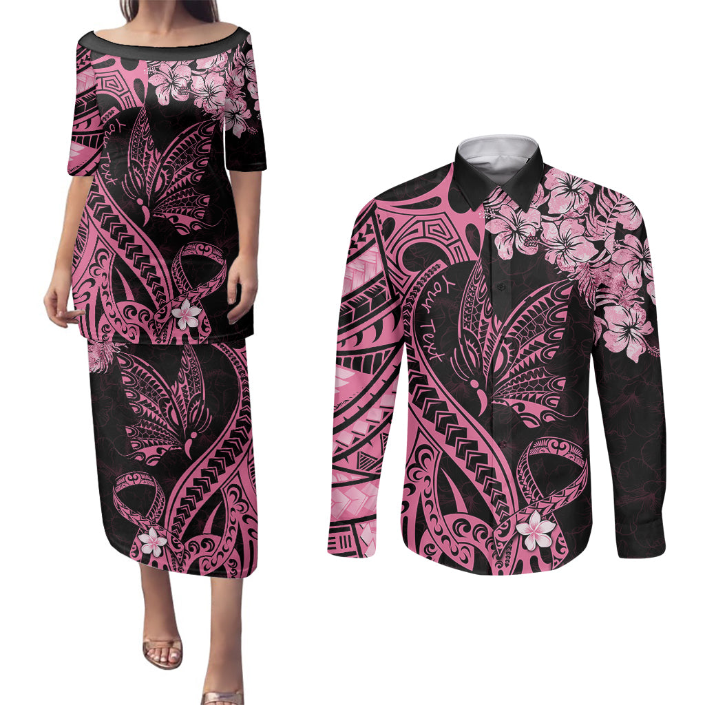 Personalised Polynesian Floral Butterfly Couples Matching Puletasi Dress and Long Sleeve Button Shirts Breast Cancer Pink Ribbon LT9 Pink - Polynesian Pride