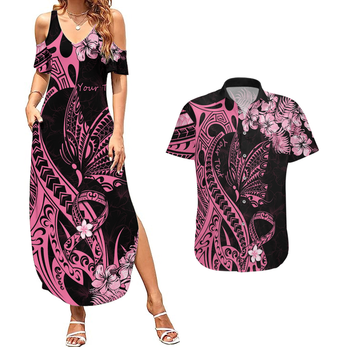 Personalised Polynesian Floral Butterfly Couples Matching Summer Maxi Dress and Hawaiian Shirt Breast Cancer Pink Ribbon LT9 Pink - Polynesian Pride