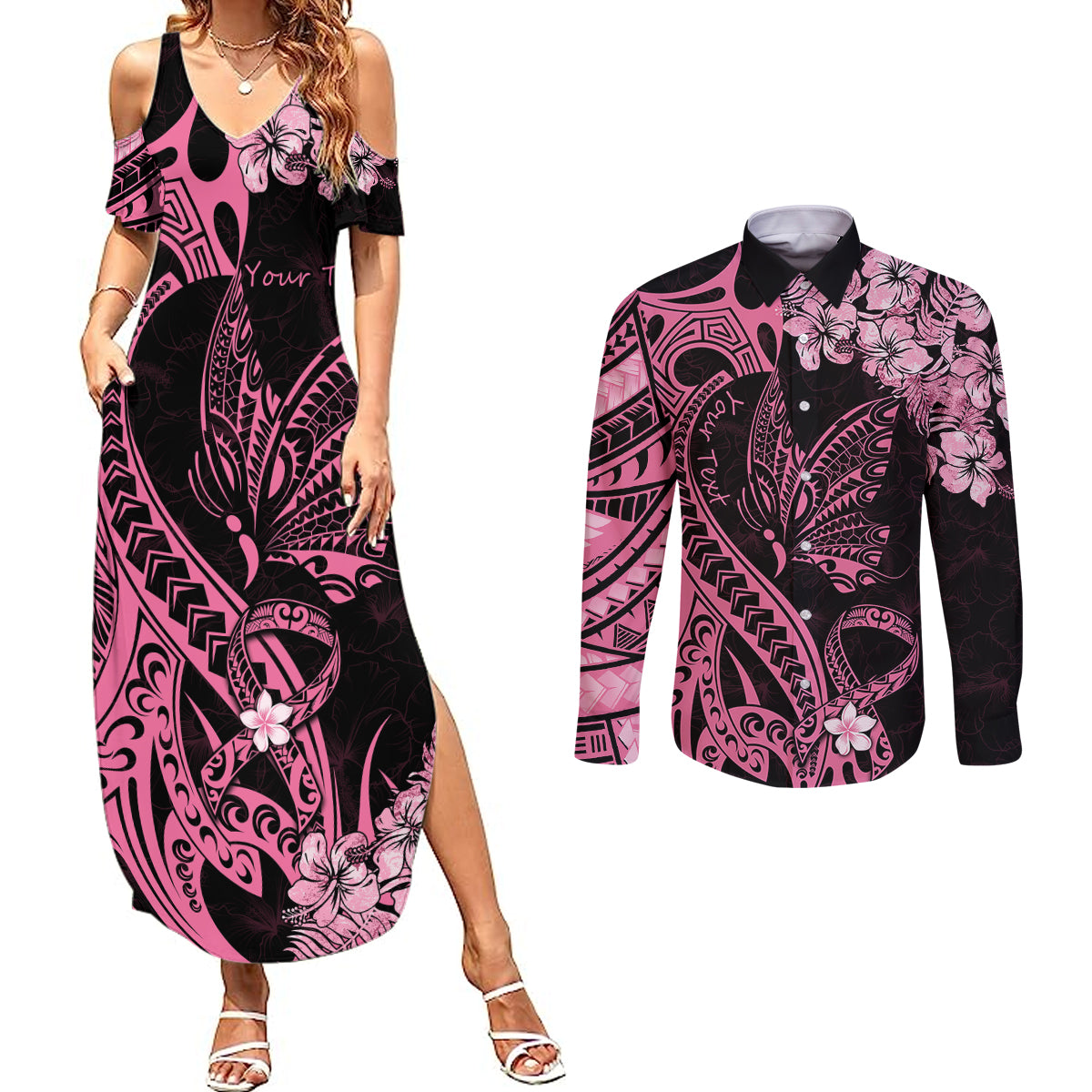 Personalised Polynesian Floral Butterfly Couples Matching Summer Maxi Dress and Long Sleeve Button Shirts Breast Cancer Pink Ribbon LT9 Pink - Polynesian Pride