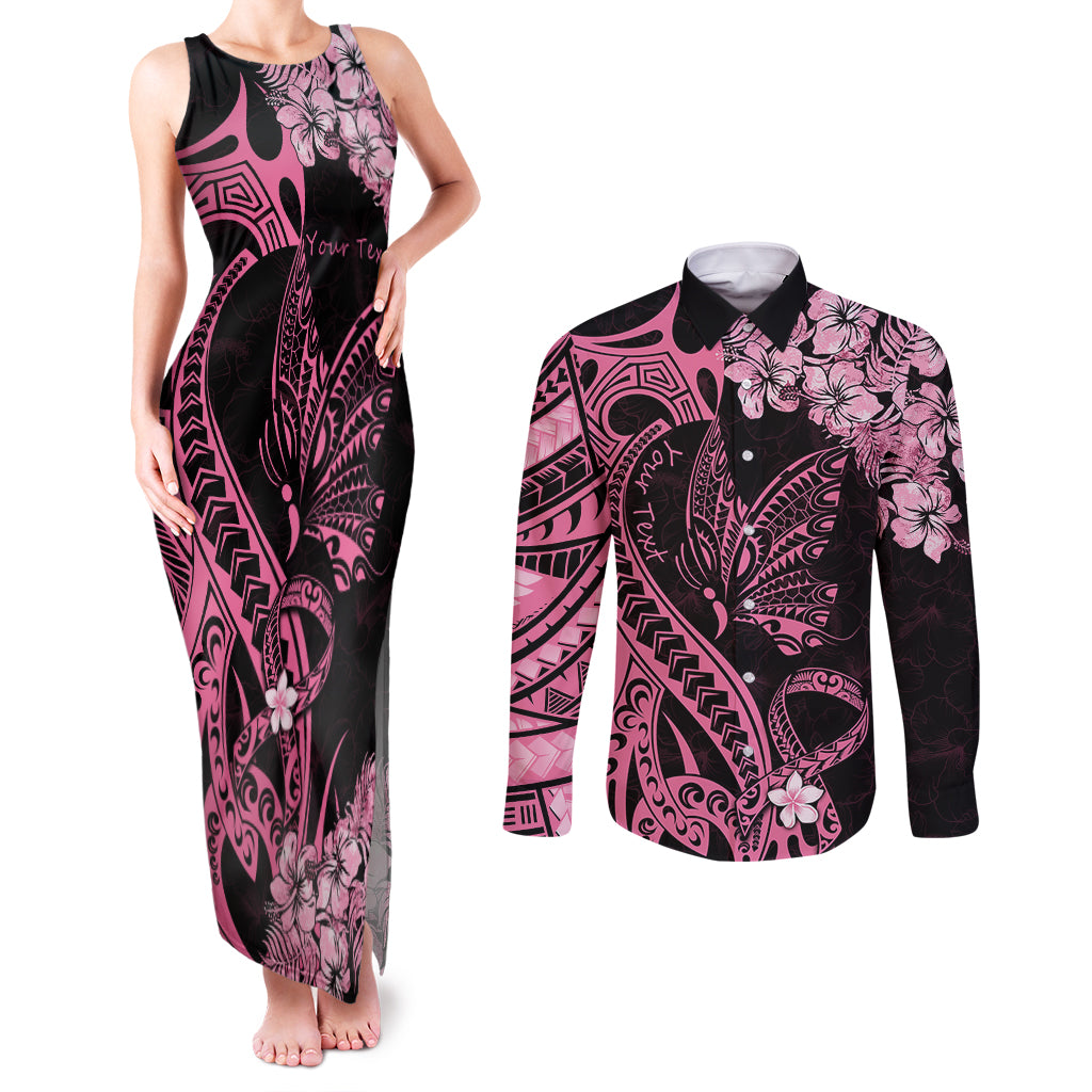 Personalised Polynesian Floral Butterfly Couples Matching Tank Maxi Dress and Long Sleeve Button Shirts Breast Cancer Pink Ribbon LT9 Pink - Polynesian Pride