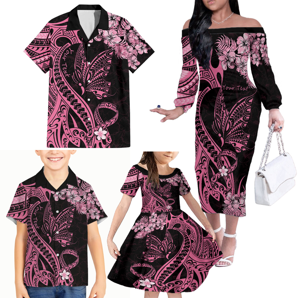 Personalised Polynesian Floral Butterfly Family Matching Off Shoulder Long Sleeve Dress and Hawaiian Shirt Breast Cancer Pink Ribbon LT9 - Polynesian Pride