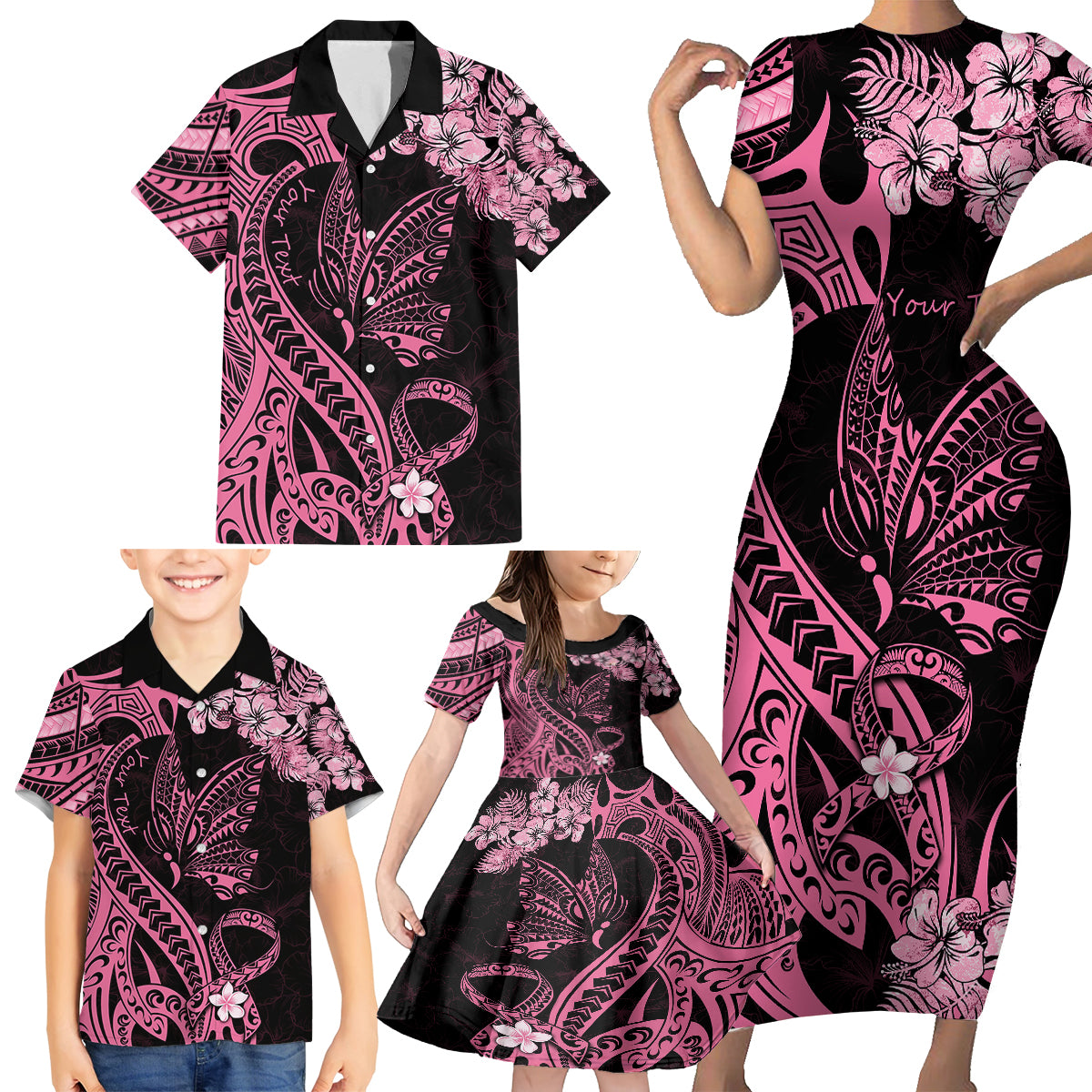 Personalised Polynesian Floral Butterfly Family Matching Short Sleeve Bodycon Dress and Hawaiian Shirt Breast Cancer Pink Ribbon LT9 - Polynesian Pride