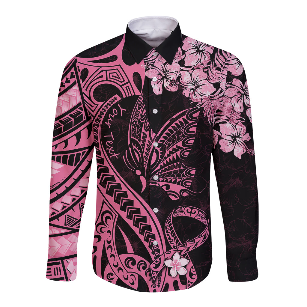 Personalised Polynesian Floral Butterfly Long Sleeve Button Shirt Breast Cancer Pink Ribbon LT9 Unisex Pink - Polynesian Pride