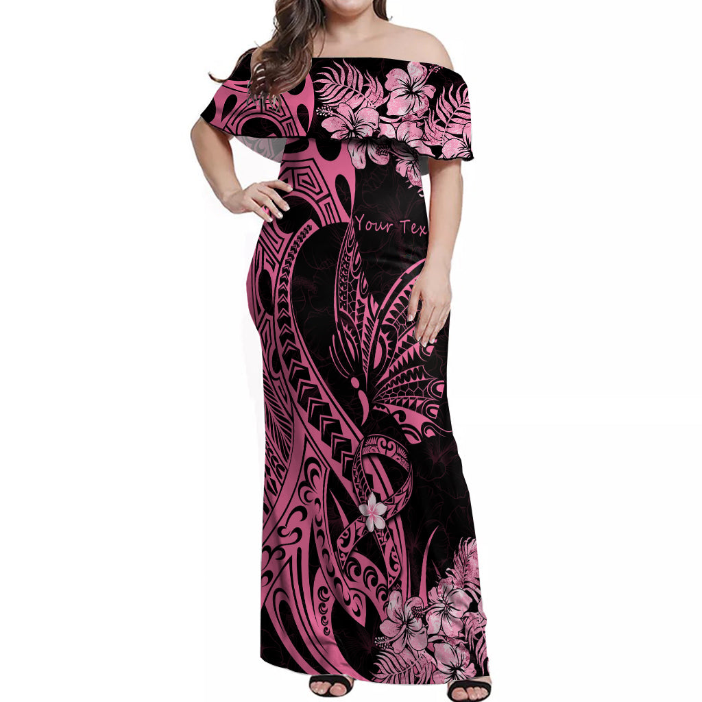 Personalised Polynesian Floral Butterfly Off Shoulder Maxi Dress Breast Cancer Pink Ribbon LT9 Women Pink - Polynesian Pride