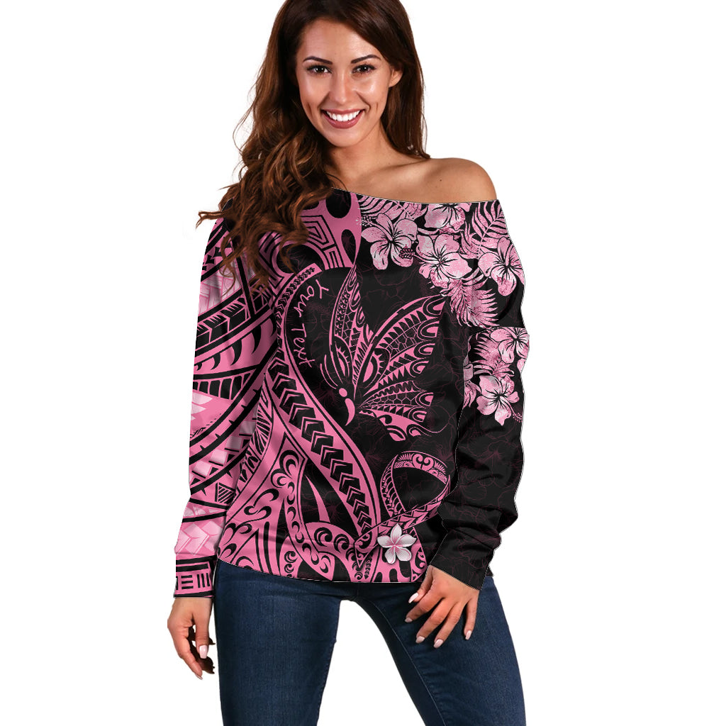 Personalised Polynesian Floral Butterfly Off Shoulder Sweater Breast Cancer Pink Ribbon LT9 Women Pink - Polynesian Pride