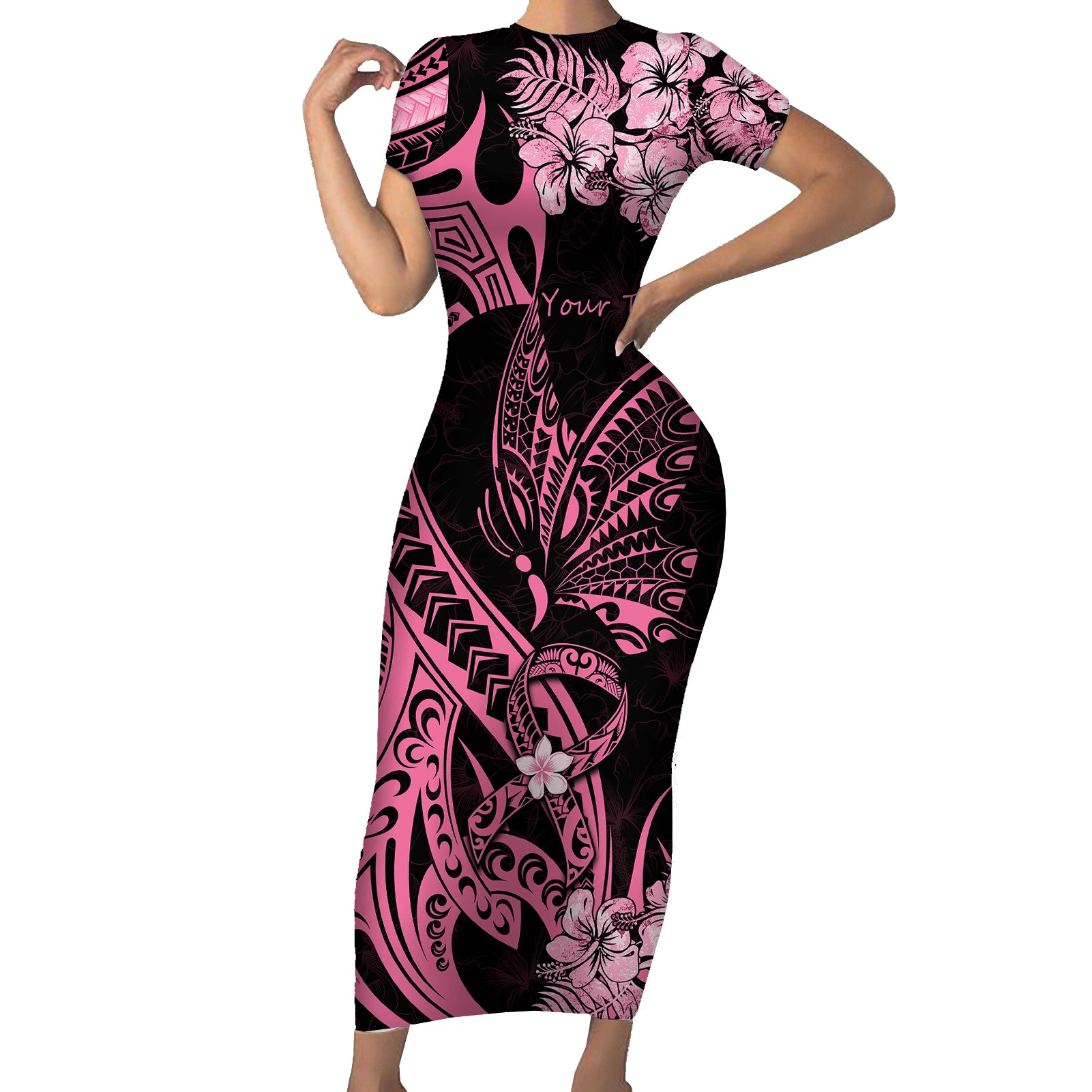 Personalised Polynesian Floral Butterfly Short Sleeve Bodycon Dress Breast Cancer Pink Ribbon LT9 Long Dress Pink - Polynesian Pride