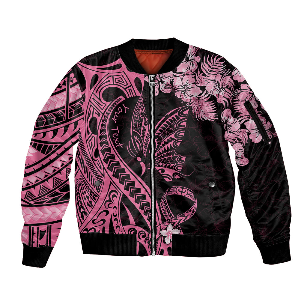 Personalised Polynesian Floral Butterfly Sleeve Zip Bomber Jacket Breast Cancer Pink Ribbon LT9 Unisex Pink - Polynesian Pride