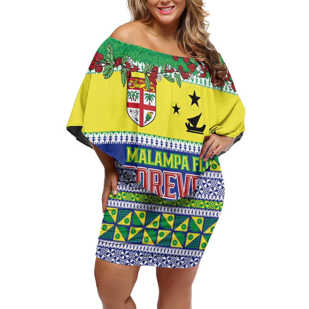 Personalised Malampa Fiji Forever Off Shoulder Short Dress Tagimoucia Polynesian Sand Drawing LT9 Women Yellow - Polynesian Pride