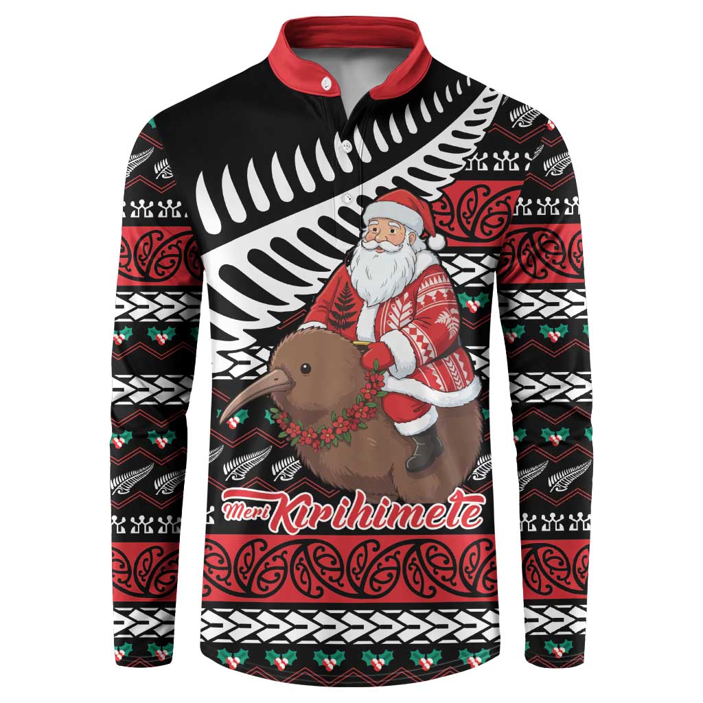New Zealand Kiwi Santa Christmas Button Sweatshirt He Wairua Kirihimete LT9 Black - Polynesian Pride