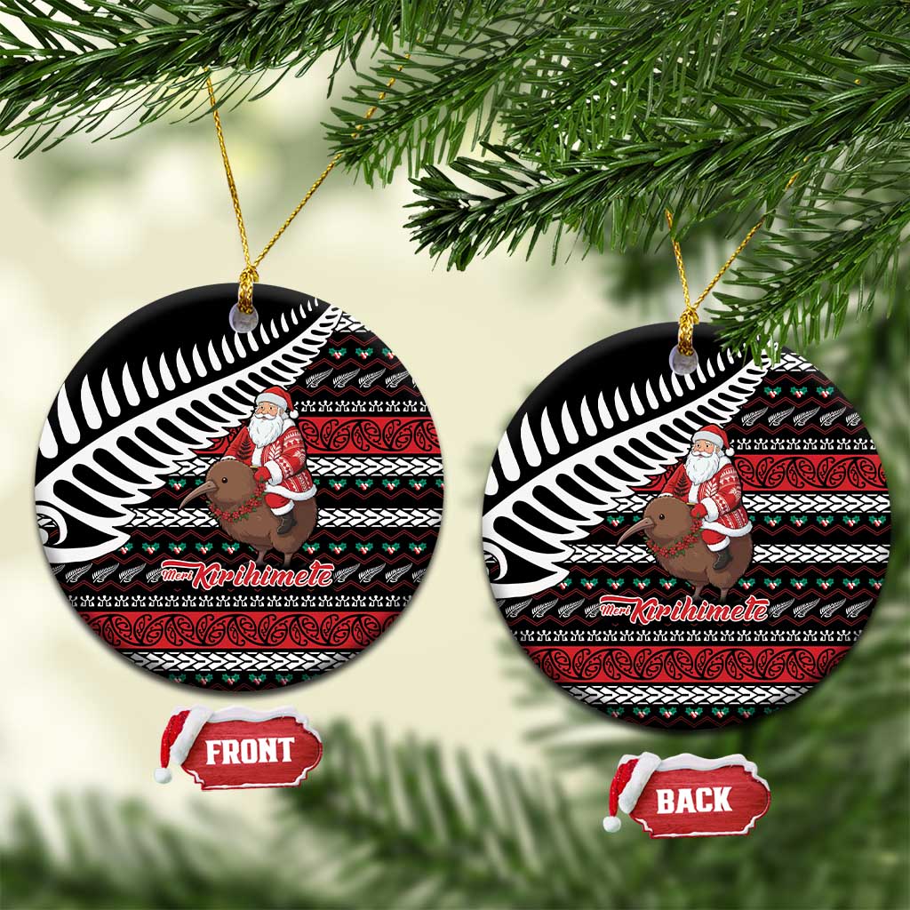 New Zealand Kiwi Santa Christmas Ceramic Ornament He Wairua Kirihimete LT9 Circle Black - Polynesian Pride