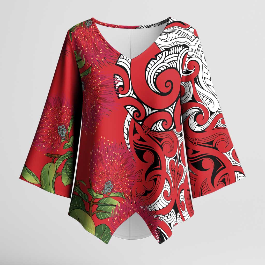 Personalised New Zealand Koru Pohutukawa Kimono Sleeve Blouse Meri Kirihimete Aroha for Christmas LT9 Female Red - Polynesian Pride
