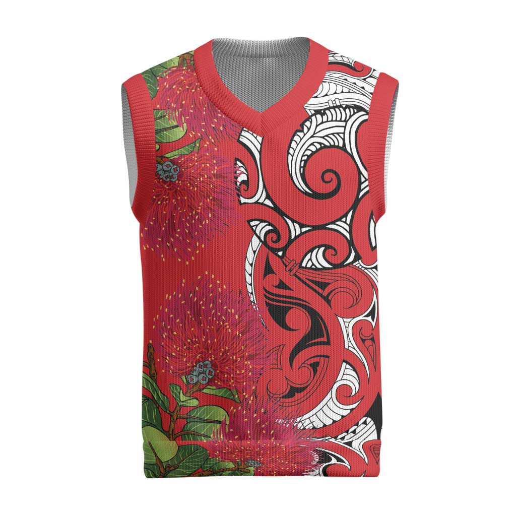 Personalised New Zealand Koru Pohutukawa Christmas Knitted V-Neck Vest Meri Kirihimete Aroha for Christmas LT9 Red - Polynesian Pride