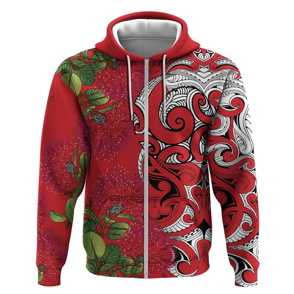 Personalised New Zealand Koru Pohutukawa Zip Hoodie Meri Kirihimete Aroha for Christmas LT9 Zip Hoodie Red - Polynesian Pride