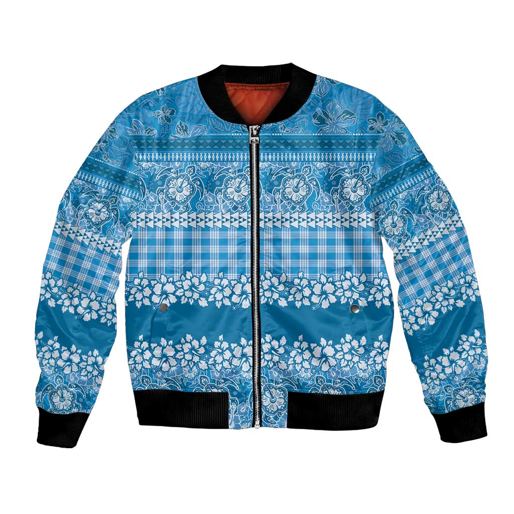 Hawaiian Hibiscus Honu Bomber Jacket Blue Mele Kalikimaka Palaka Spirit LT9 Unisex Blue - Polynesian Pride