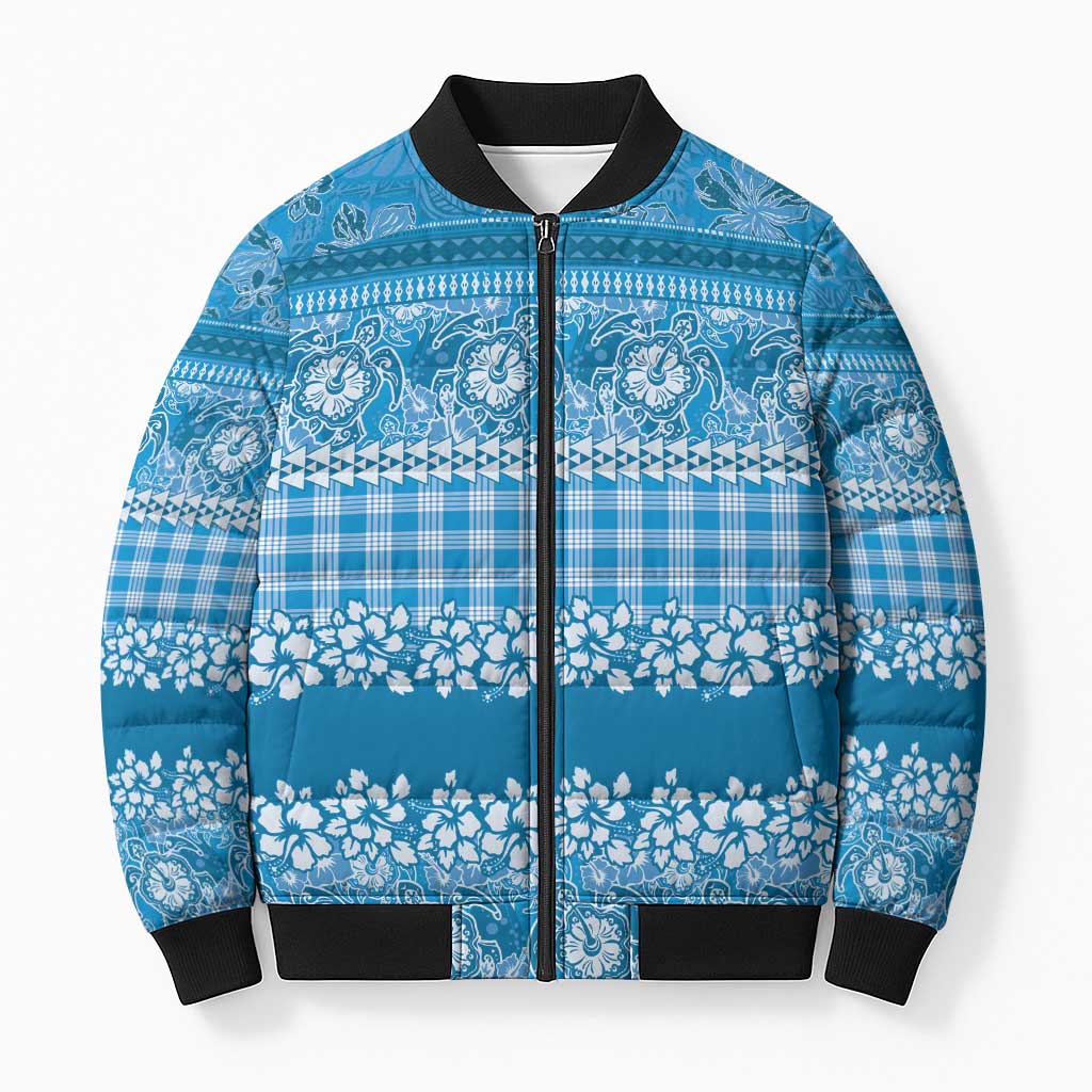 Hawaiian Hibiscus Honu Bomber Puffer Jacket Blue Mele Kalikimaka Palaka Spirit LT9 Unisex Blue - Polynesian Pride