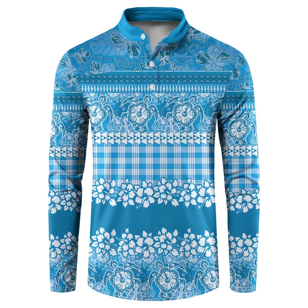 Hawaiian Hibiscus Honu Button Sweatshirt Blue Mele Kalikimaka Palaka Spirit LT9 Blue - Polynesian Pride