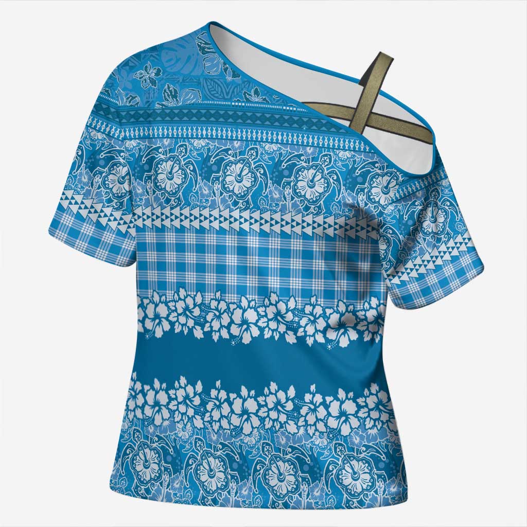 Hawaiian Hibiscus Honu Cross Shoulder Shirt Blue Mele Kalikimaka Palaka Spirit LT9 Female Blue - Polynesian Pride
