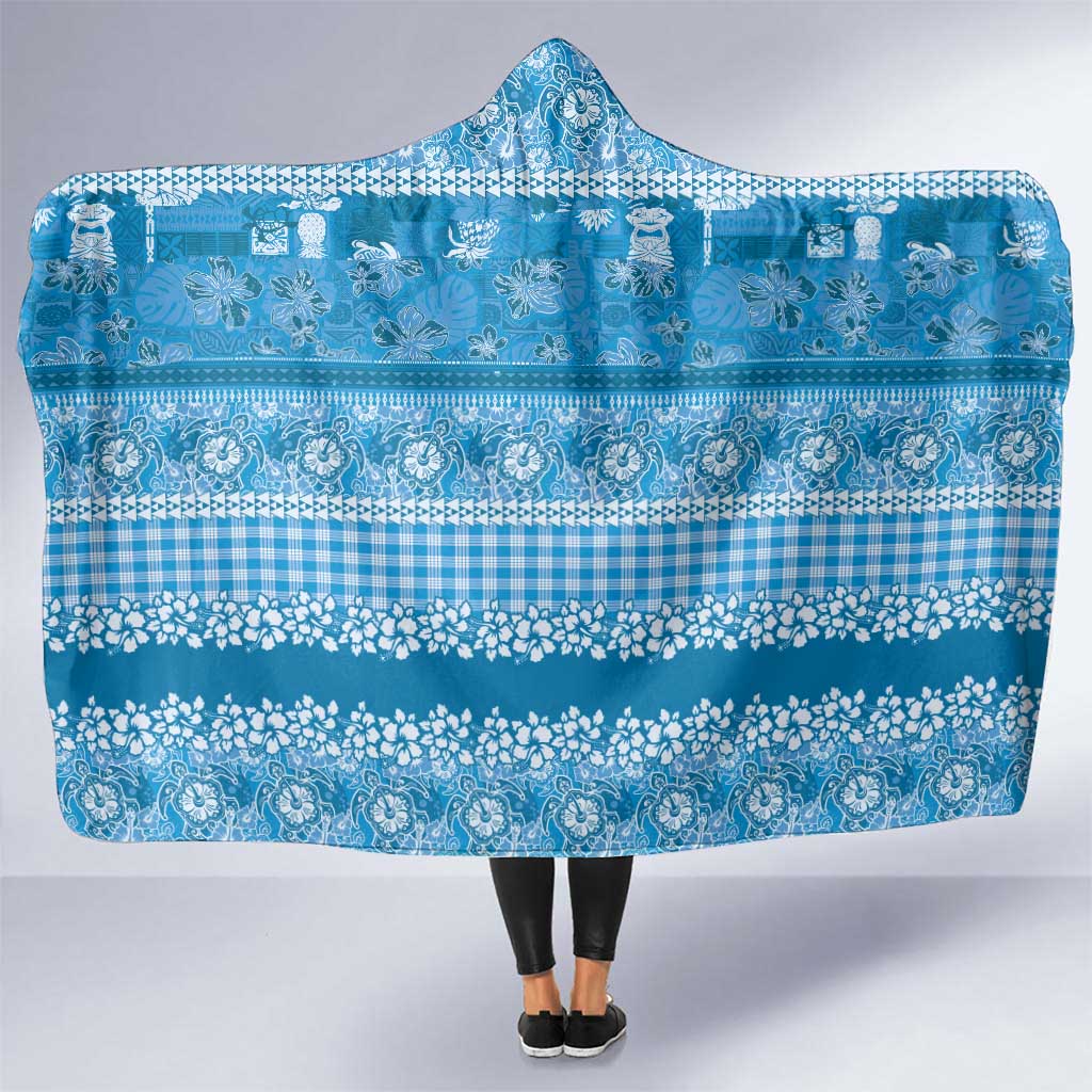 Hawaiian Hibiscus Honu Hooded Blanket Blue Mele Kalikimaka Palaka Spirit LT9 One Size Blue - Polynesian Pride