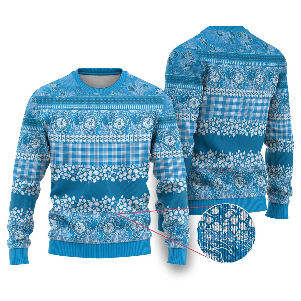 Hawaiian Hibiscus Honu Ugly Christmas Sweater Blue Mele Kalikimaka Palaka Spirit LT9 Blue - Polynesian Pride