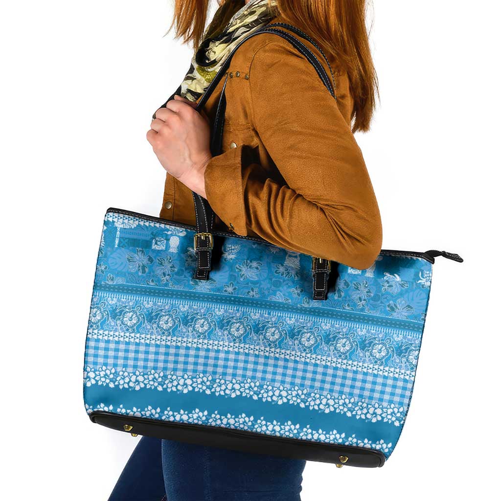 Hawaiian Hibiscus Honu Leather Tote Bag Blue Mele Kalikimaka Palaka Spirit LT9 Blue - Polynesian Pride