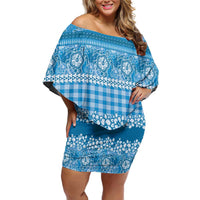Hawaiian Hibiscus Honu Off Shoulder Short Dress Blue Mele Kalikimaka Palaka Spirit LT9 Women Blue - Polynesian Pride