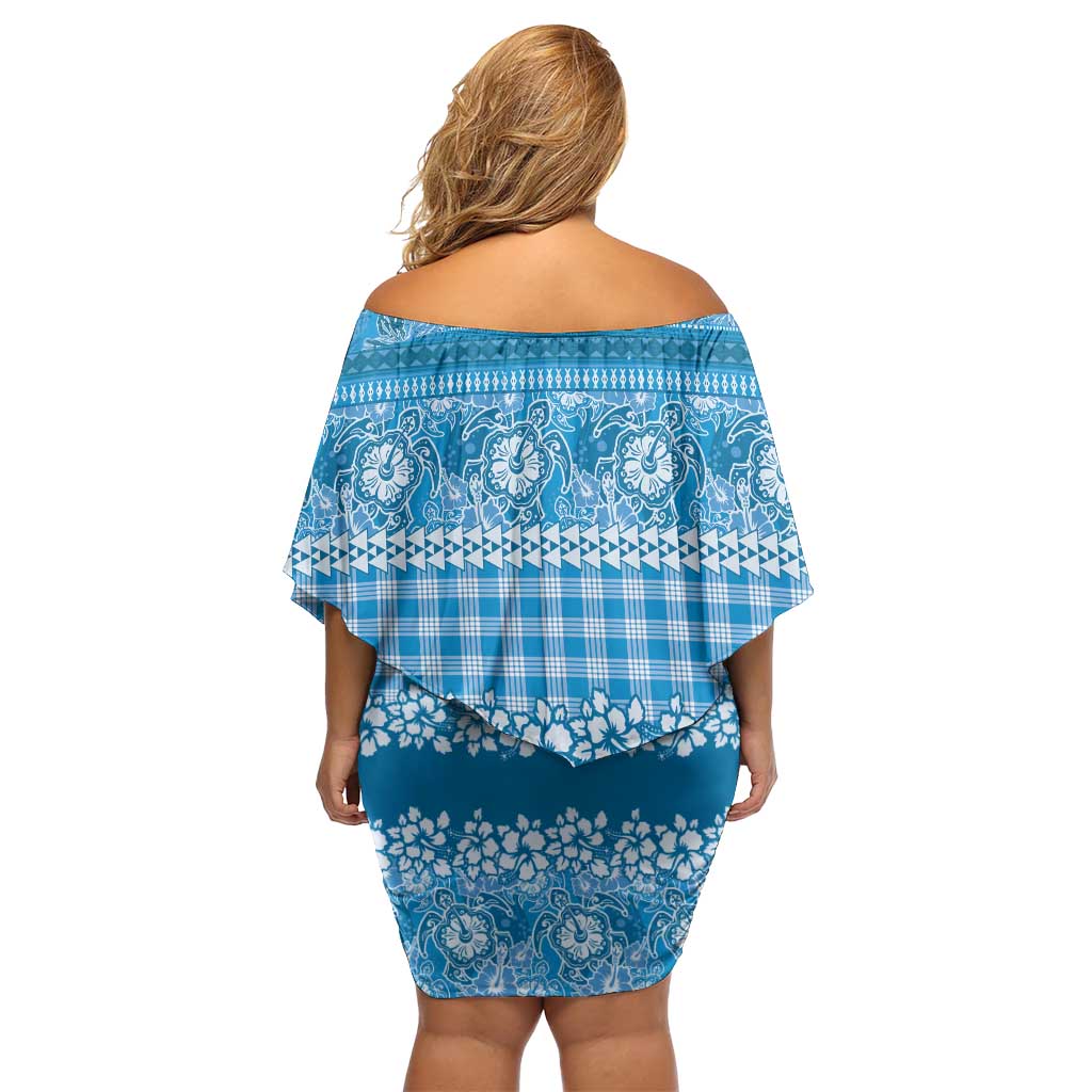 Hawaiian Hibiscus Honu Off Shoulder Short Dress Blue Mele Kalikimaka Palaka Spirit LT9 - Polynesian Pride