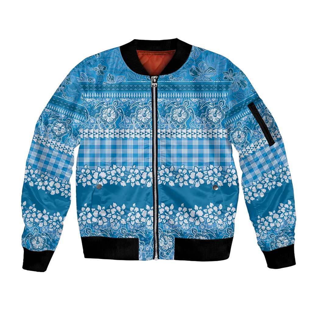 Hawaiian Hibiscus Honu Sleeve Zip Bomber Jacket Blue Mele Kalikimaka Palaka Spirit LT9 Unisex Blue - Polynesian Pride