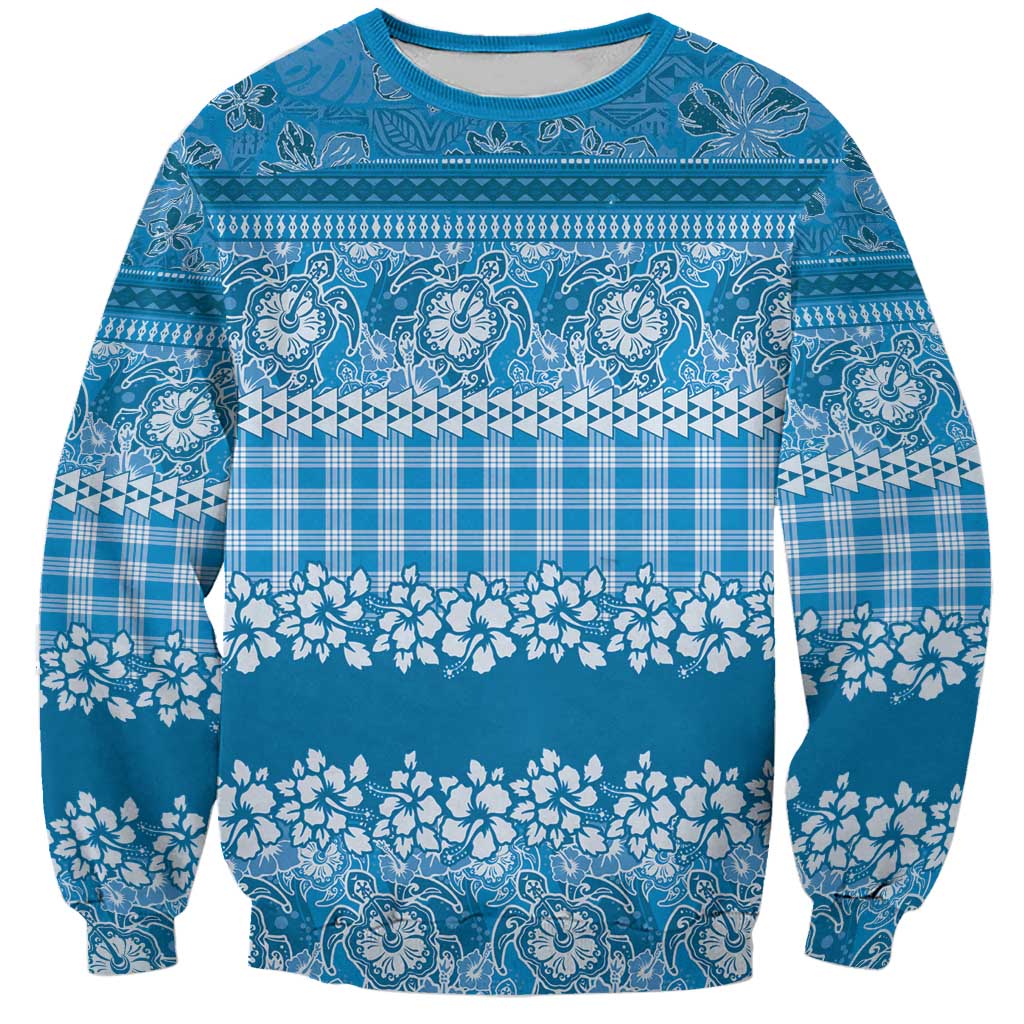 Hawaiian Hibiscus Honu Sweatshirt Blue Mele Kalikimaka Palaka Spirit LT9 Unisex Blue - Polynesian Pride