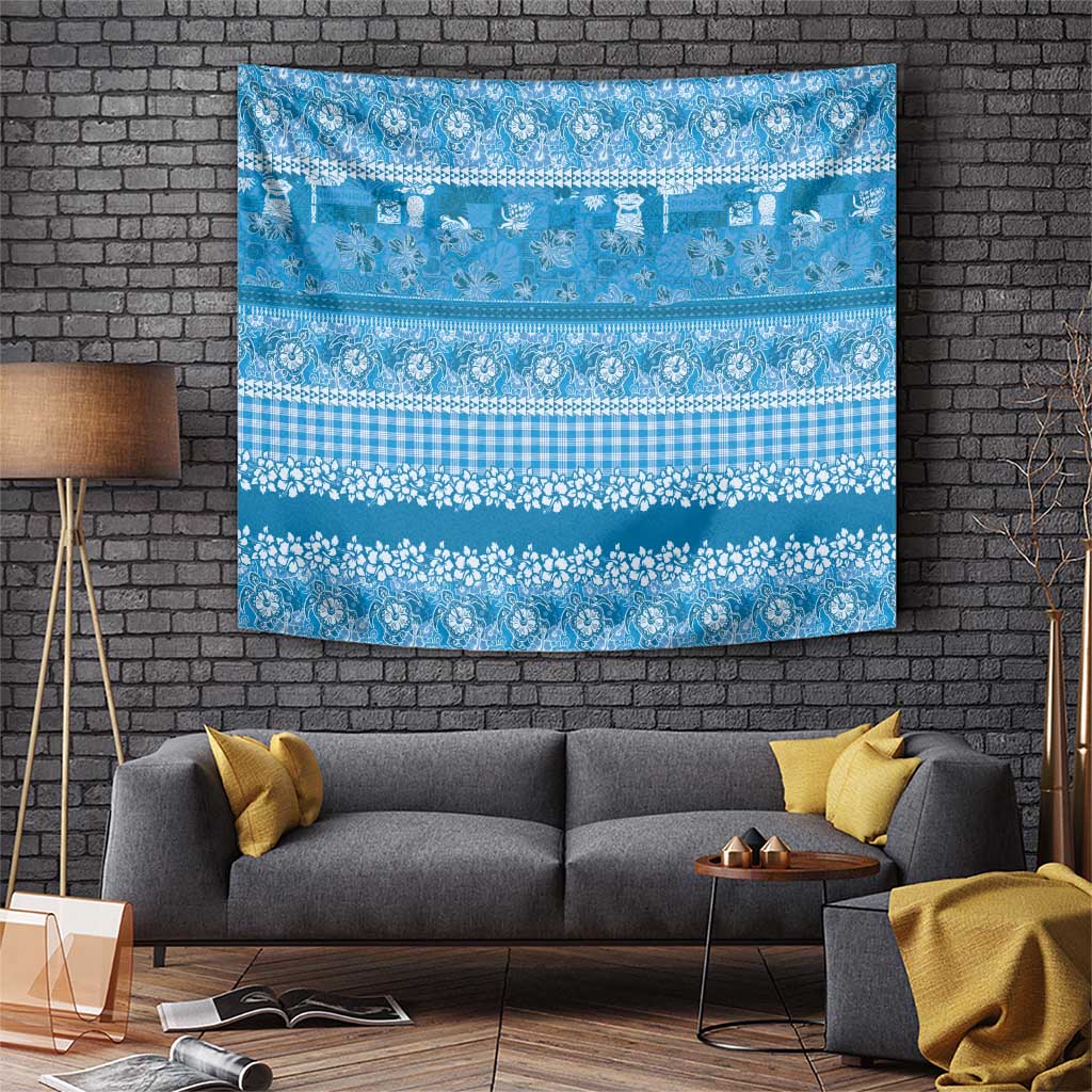 Hawaiian Hibiscus Honu Tapestry Blue Mele Kalikimaka Palaka Spirit LT9 Blue - Polynesian Pride