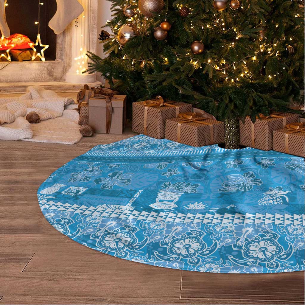 Hawaiian Hibiscus Honu Tree Skirt Blue Mele Kalikimaka Palaka Spirit LT9 - Polynesian Pride