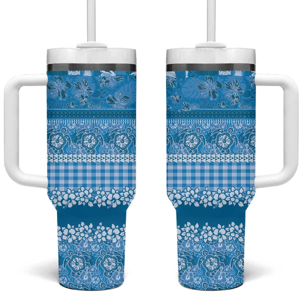 Hawaiian Hibiscus Honu Tumbler With Handle Blue Mele Kalikimaka Palaka Spirit LT9 One Size: 40 oz Blue - Polynesian Pride