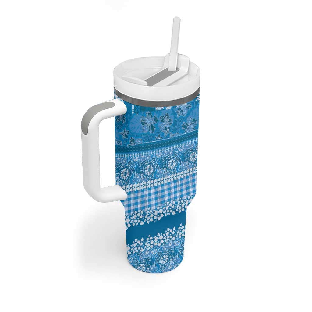 Hawaiian Hibiscus Honu Tumbler With Handle Blue Mele Kalikimaka Palaka Spirit LT9 - Polynesian Pride