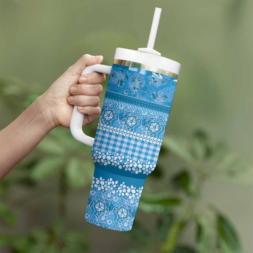 Hawaiian Hibiscus Honu Tumbler With Handle Blue Mele Kalikimaka Palaka Spirit LT9 - Polynesian Pride