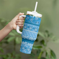 Hawaiian Hibiscus Honu Tumbler With Handle Blue Mele Kalikimaka Palaka Spirit LT9 - Polynesian Pride