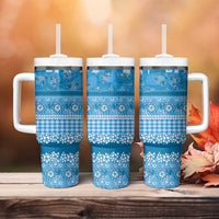 Hawaiian Hibiscus Honu Tumbler With Handle Blue Mele Kalikimaka Palaka Spirit LT9 - Polynesian Pride