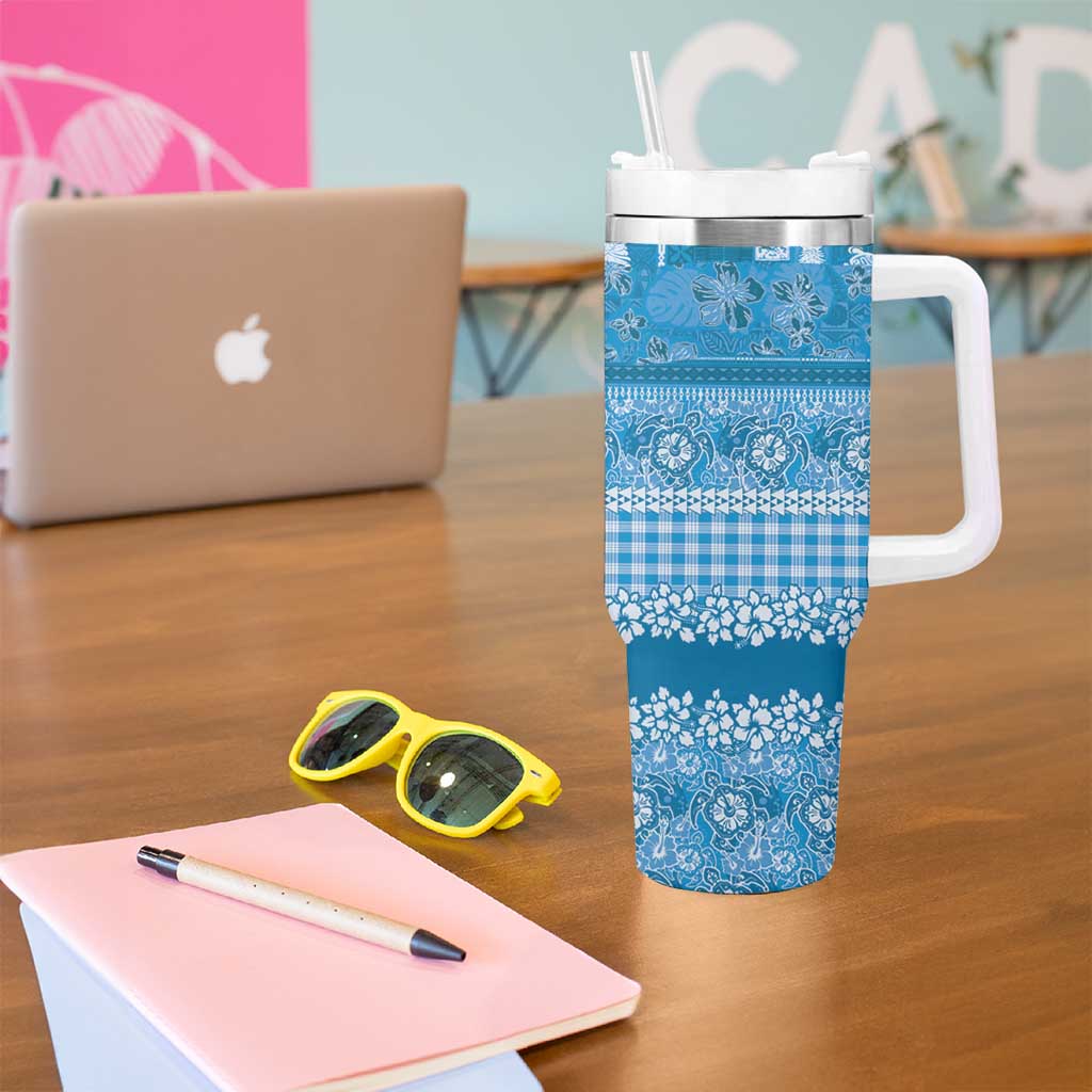 Hawaiian Hibiscus Honu Tumbler With Handle Blue Mele Kalikimaka Palaka Spirit LT9 - Polynesian Pride