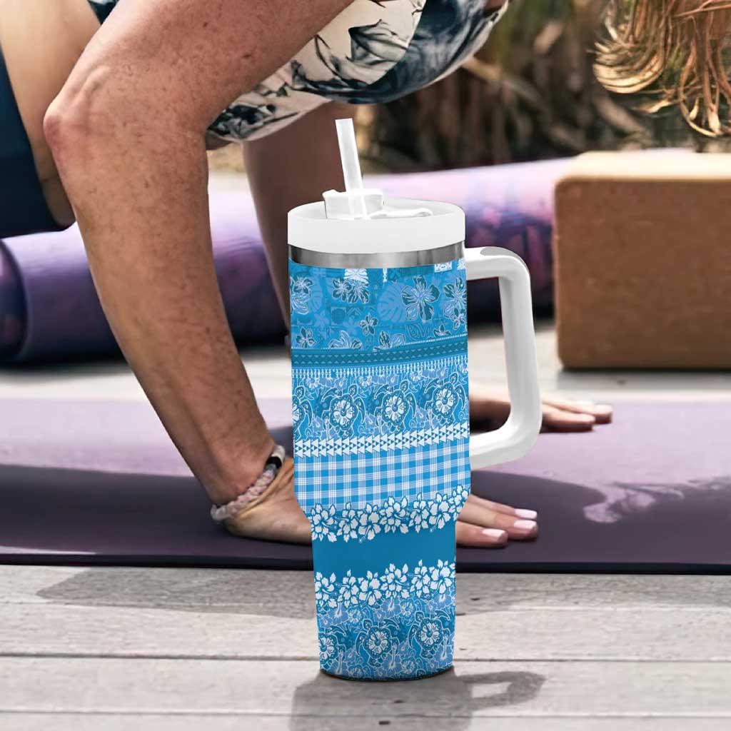 Hawaiian Hibiscus Honu Tumbler With Handle Blue Mele Kalikimaka Palaka Spirit LT9 - Polynesian Pride
