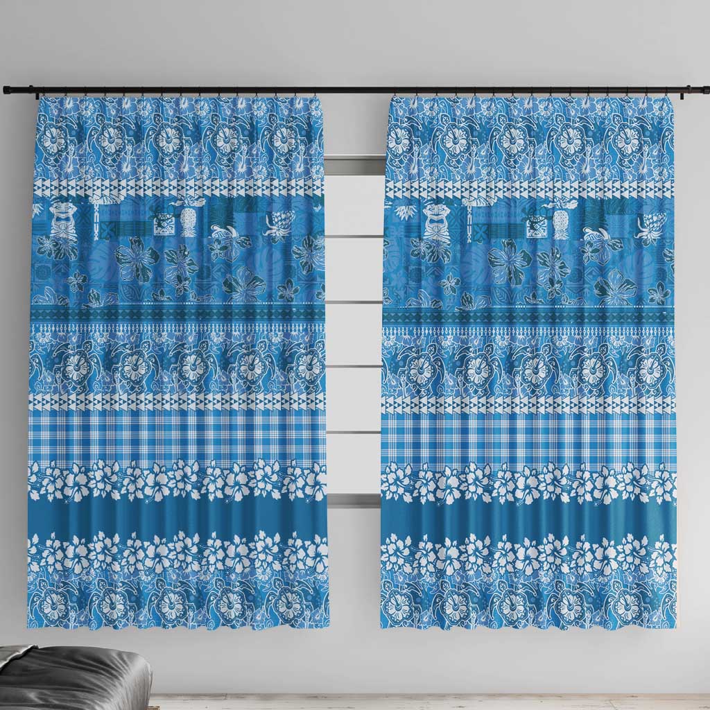 Hawaiian Hibiscus Honu Window Curtain Blue Mele Kalikimaka Palaka Spirit LT9 With Hooks Blue - Polynesian Pride