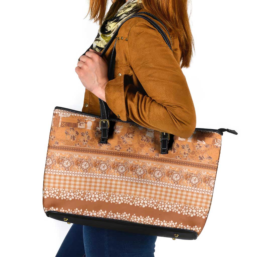Hawaiian Hibiscus Honu Leather Tote Bag Gold Mele Kalikimaka Palaka Spirit LT9 Gold - Polynesian Pride