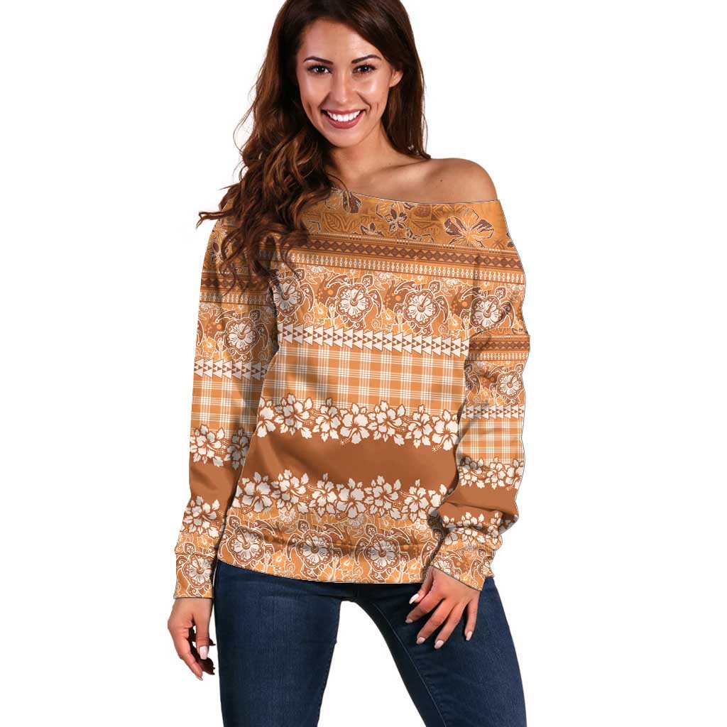Hawaiian Hibiscus Honu Off Shoulder Sweater Gold Mele Kalikimaka Palaka Spirit LT9 Women Gold - Polynesian Pride