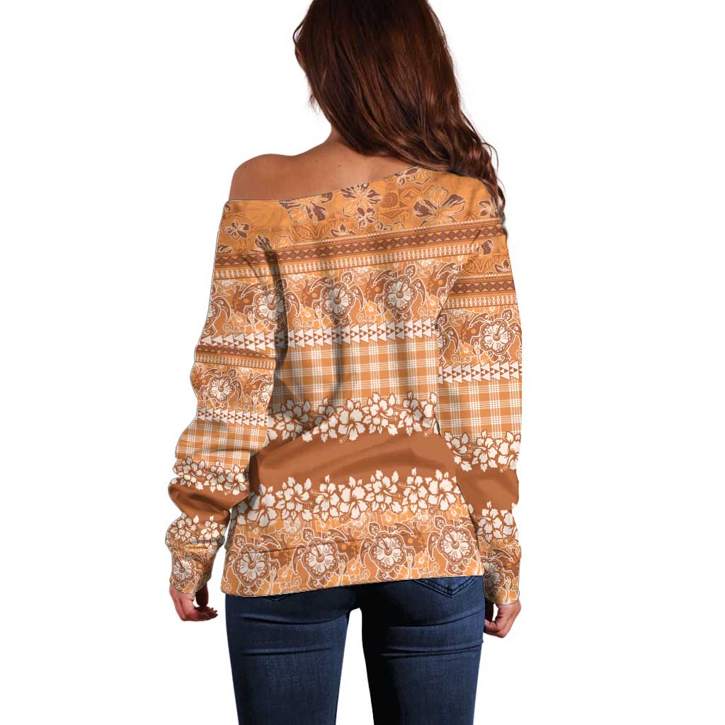 Hawaiian Hibiscus Honu Off Shoulder Sweater Gold Mele Kalikimaka Palaka Spirit LT9 - Polynesian Pride